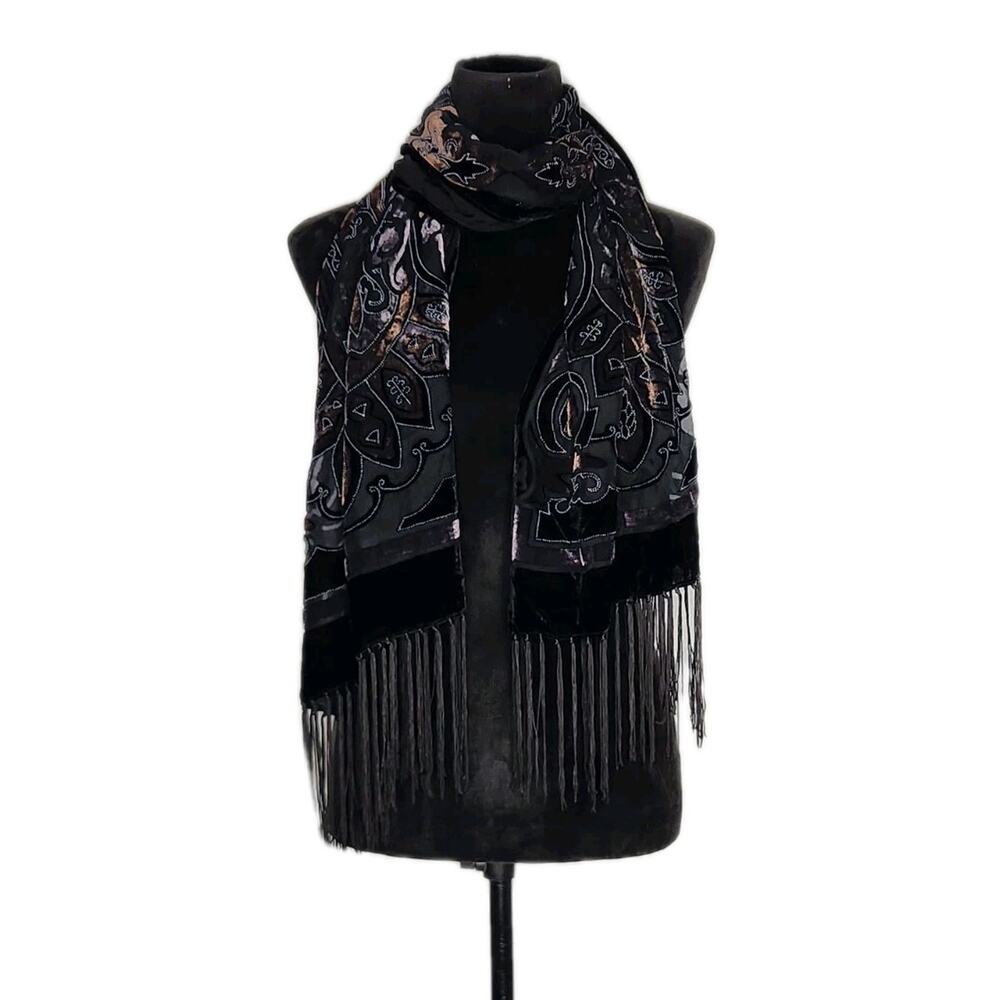 Ruyi Vintage Floral Velvet Burnout Large Rectangle Scarf w/Fringe Witchy Goth